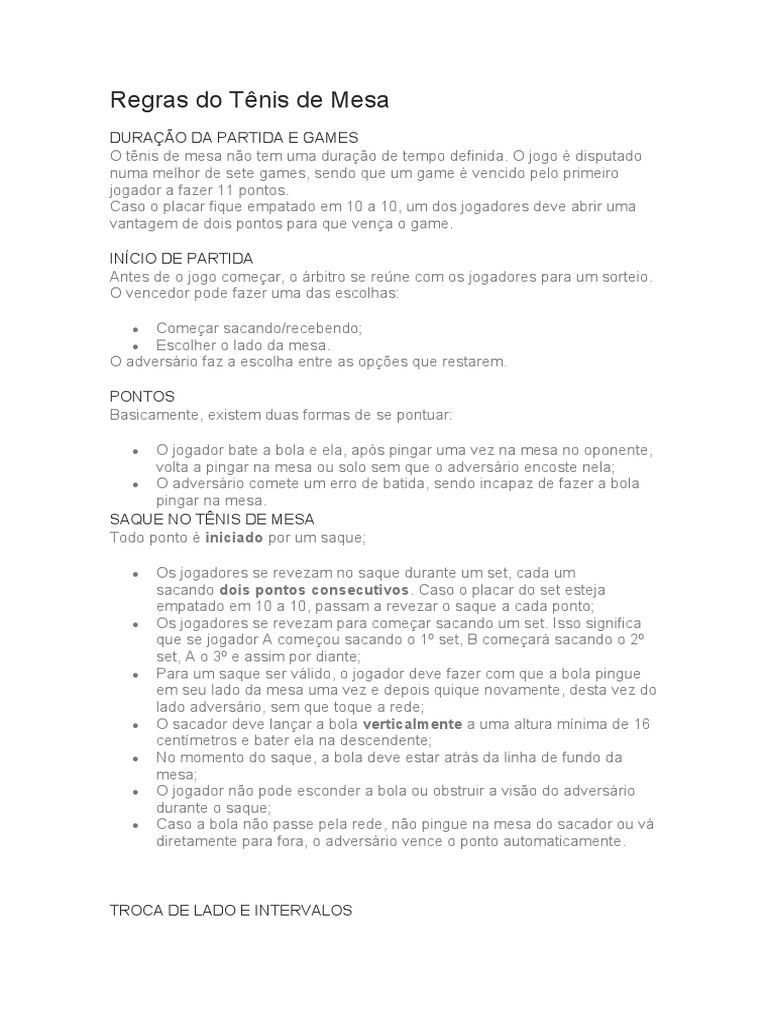 Regras Do Tênis de Mesa, PDF, Tênis de mesa