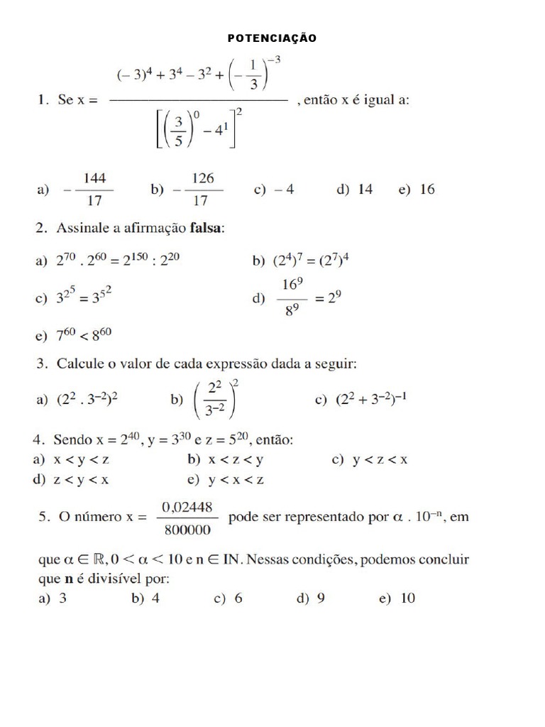 EXERCICIOS PROPOSTOS POTENCIAÇÃO E RADICIAÇÃO | PDF