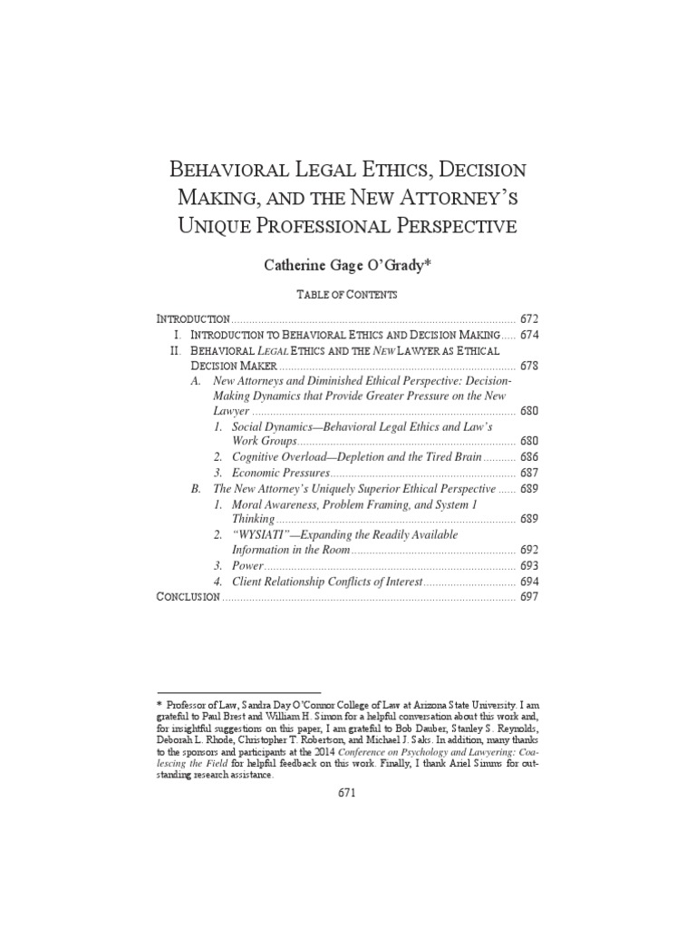 OGrady Behavioral Legal Ethics Decision Making and The New Attorneys