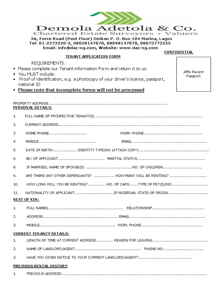 Tenant Application Form Nigeria | PDF | Landlord | Lease