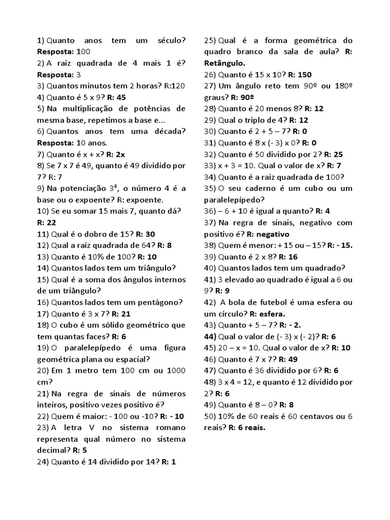 Perguntas de Matemática para Torta na Cara | PDF | Exponenciação ...
