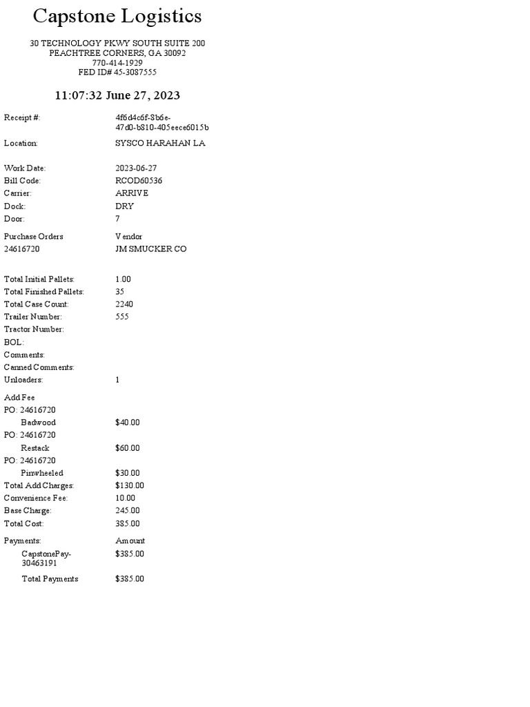Capstone Logistics Lumper Receipt | PDF | Finance & Money Management