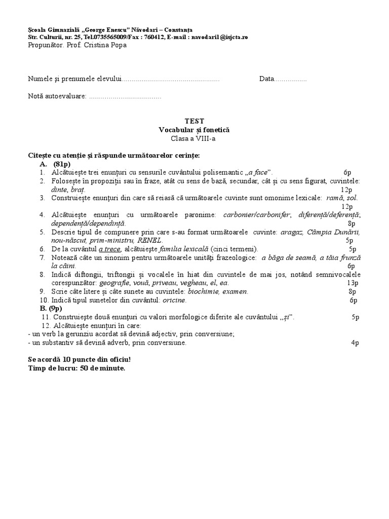 Test Vocabular Fonetica Cls 8 | PDF