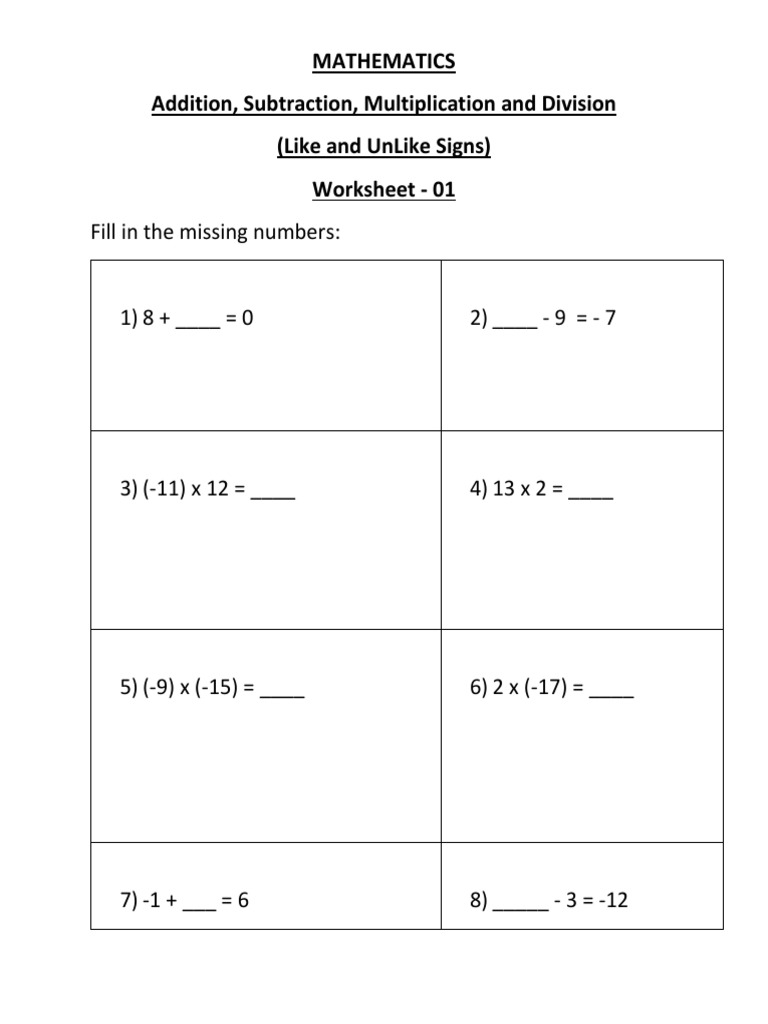 WS - 1 Add-Sub-Mul-Div - Like and UnLike Signs | PDF | Teaching Methods ...