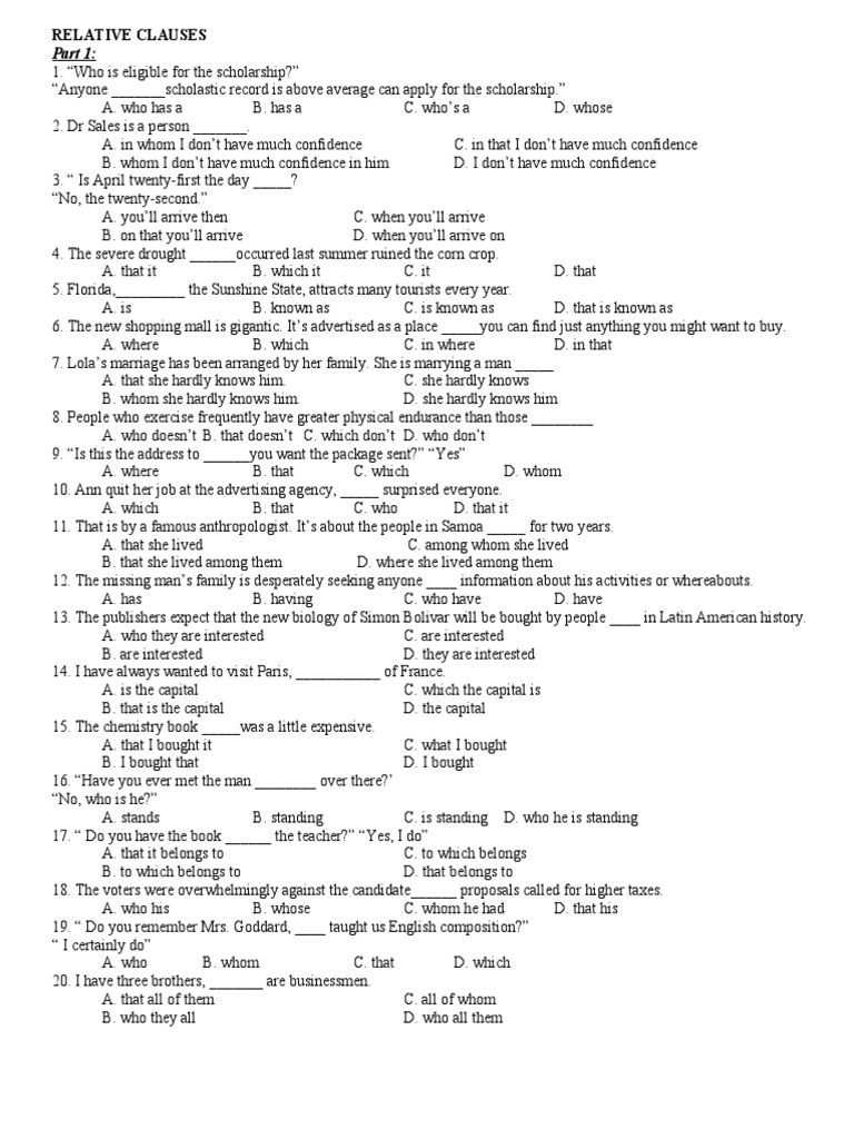 Relative Clauses Multiple Choice Exercises | PDF
