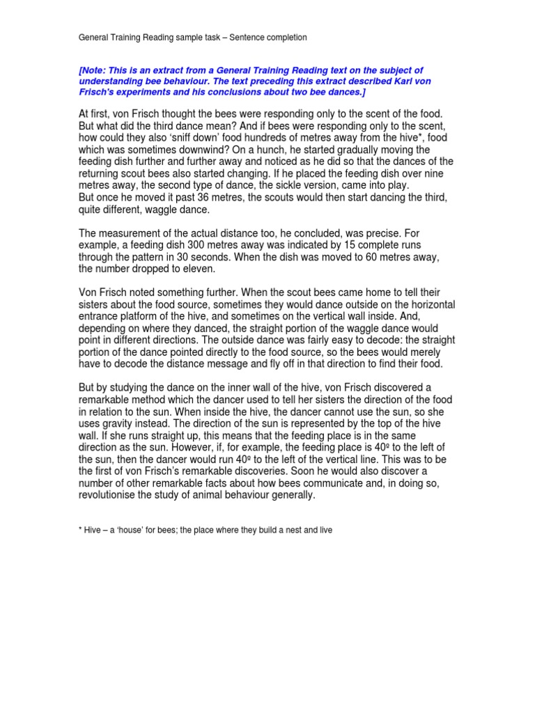 General Training Reading Sample Task - Sentence Completion | PDF | Bees ...