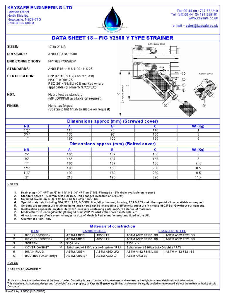 Kaysafe Engineering DATA SHEET 18 FIG Y2500 Y TYPE STRAINER PDF