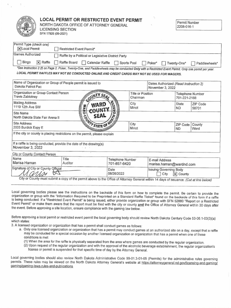 2022 Dakota Patriot Raffle Permit | PDF