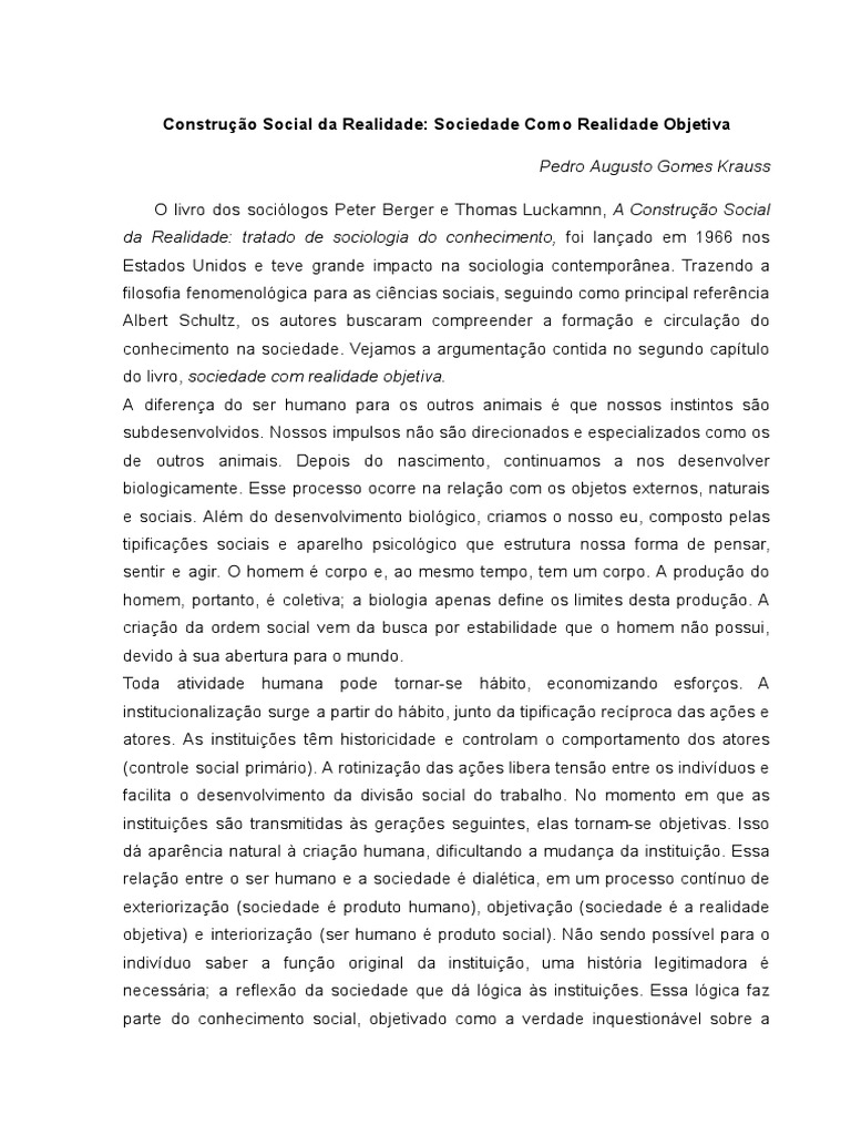 Resenha Crítica Construção Da Realidade Social (II) | PDF | Sociologia ...