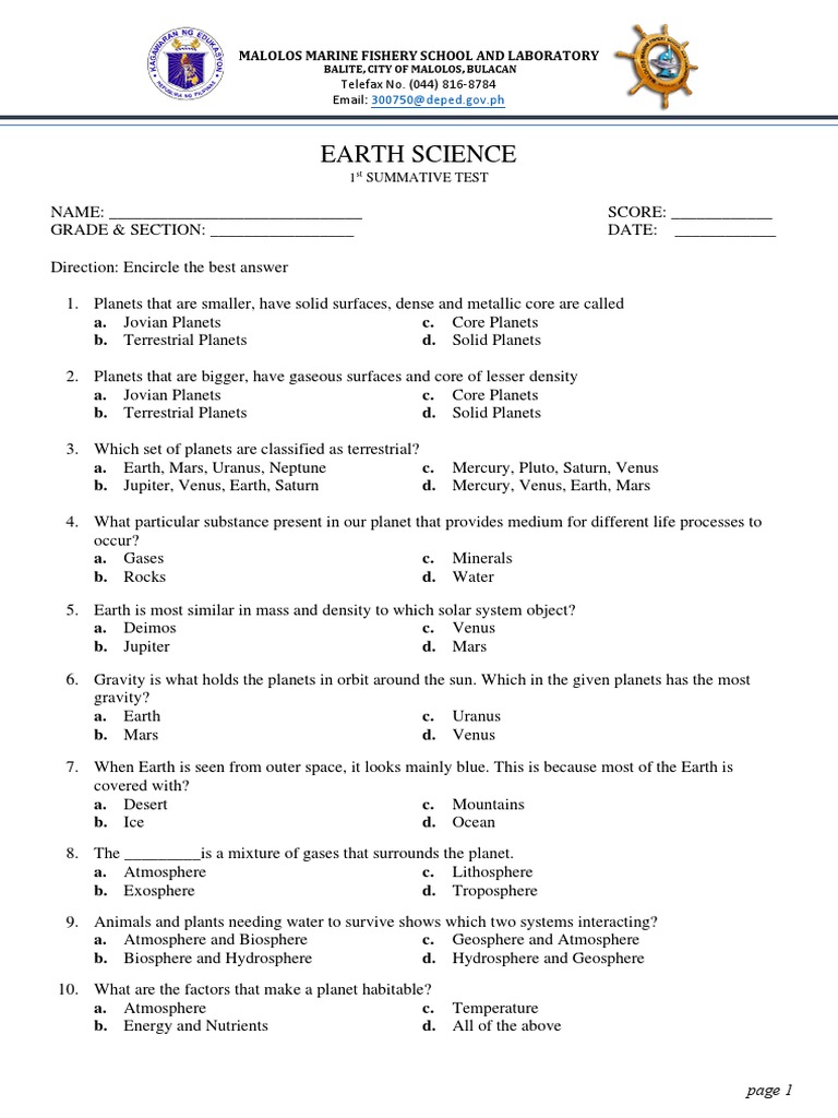 Earth Science 1st Summative Test | PDF | Minerals | Rock (Geology)