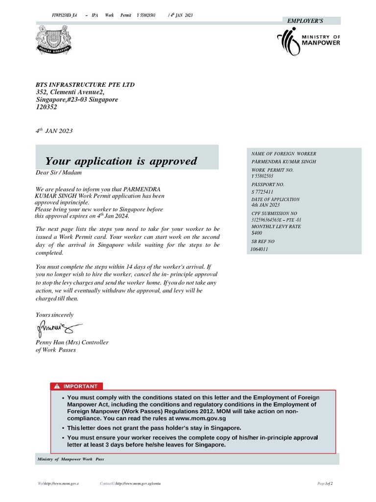 Singapore Work Permit IPA Approval Letter | PDF | Social Programs