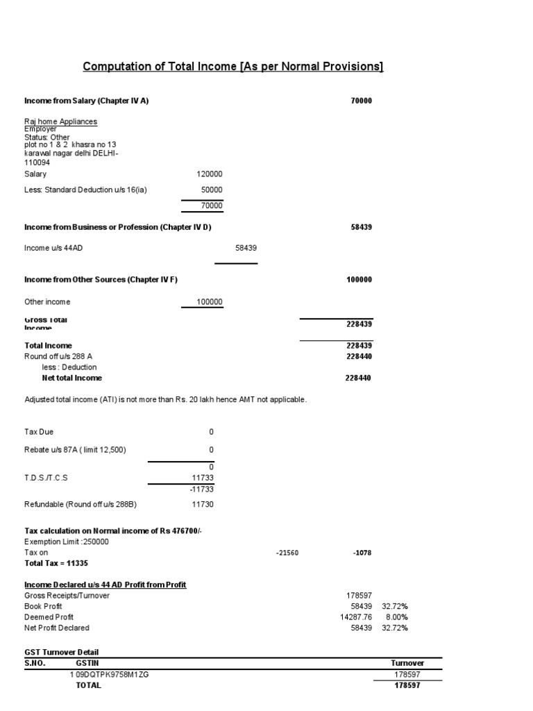 Computation of total income for itr download free pdf tax refund