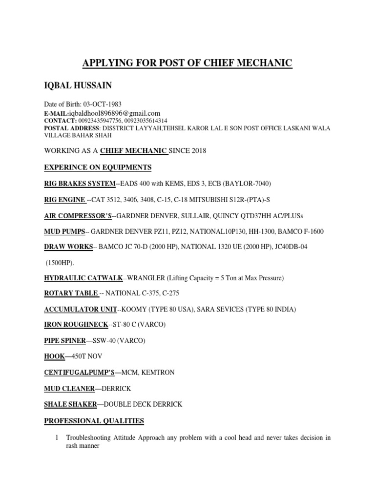 Rig Chief Mechanic PDF Mechanical Engineering