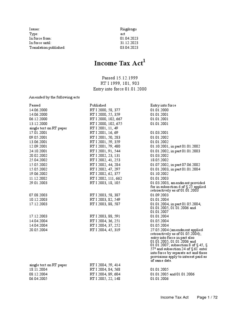 Estonian Income Tax Act | PDF | Taxes | Income Tax