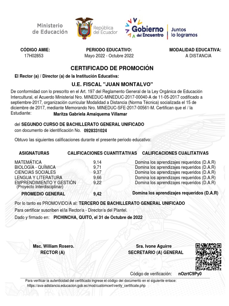 Certificado de Promoción Escolar 2022 | PDF