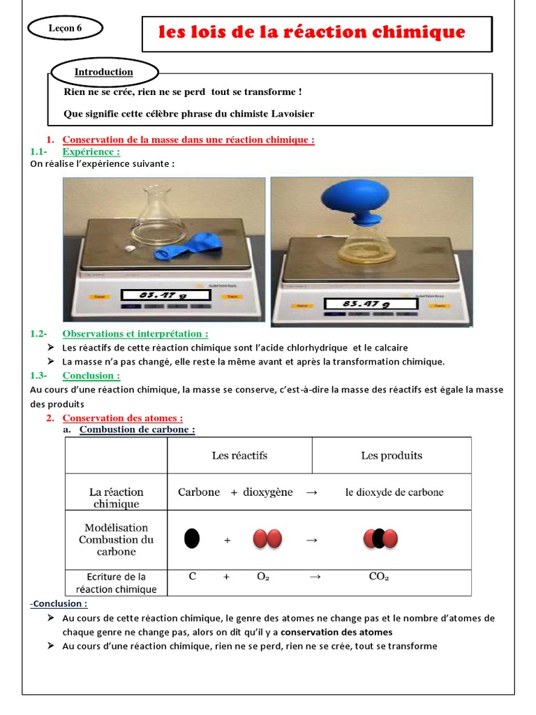 Conservation de la masse en chimie | PDF | Atomes | Chimie