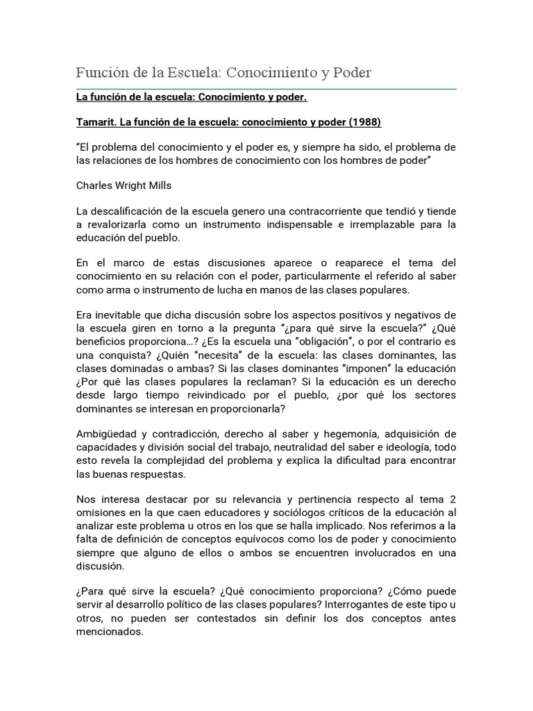 Función de La Escuela Conocimiento y Poder | PDF | Conocimiento | Plan ...