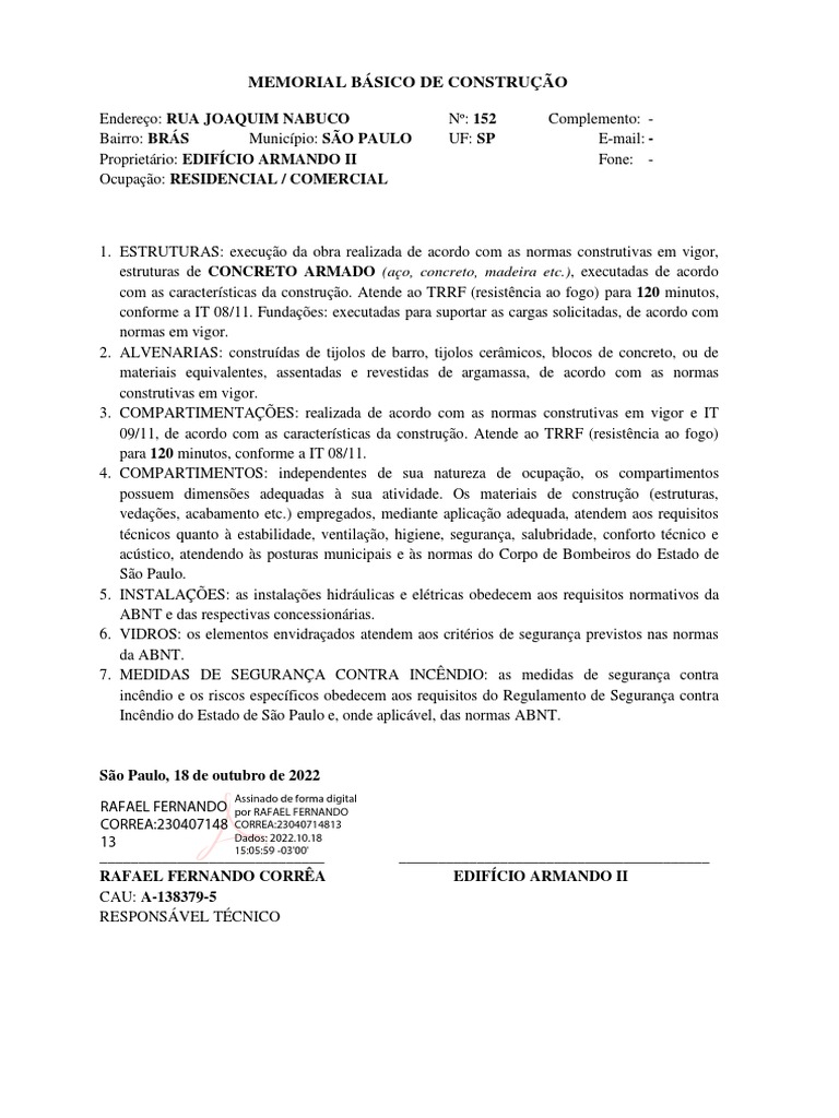 Memorial Descritivo de Construção | PDF | Argamassa (alvenaria)