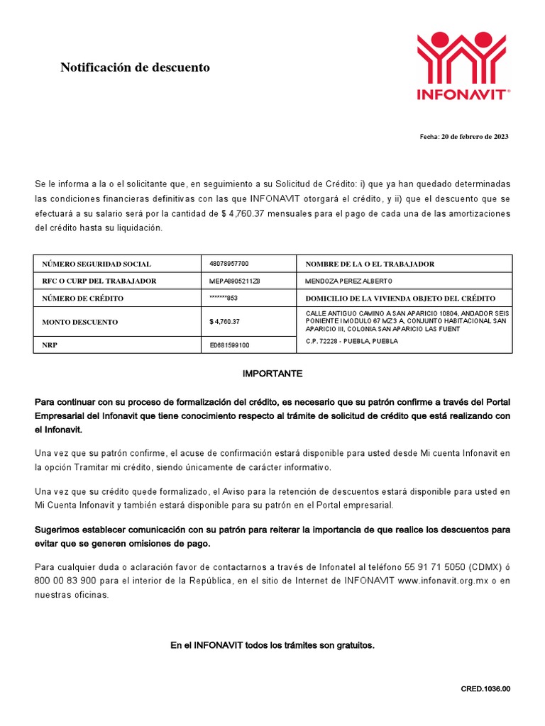 Notificación de Descuento Infonavit 2023 | PDF | Finanzas y dinero ...