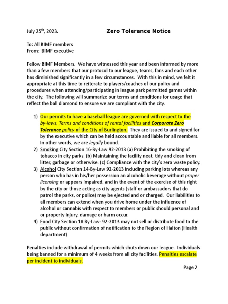 Zero Tolerance Draft Letter PDF Justice Crime & Violence