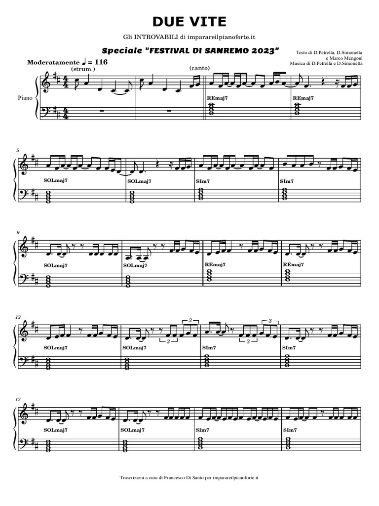 Due Vite Di Marco Mengoni Spartito Pianoforte Melodia E Accordi PDF