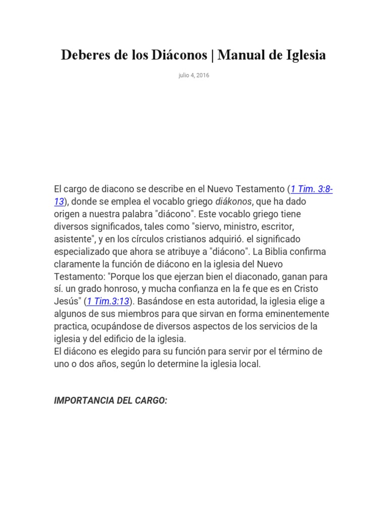 Deberes de los di conos pdf di cono iglesia cat lica