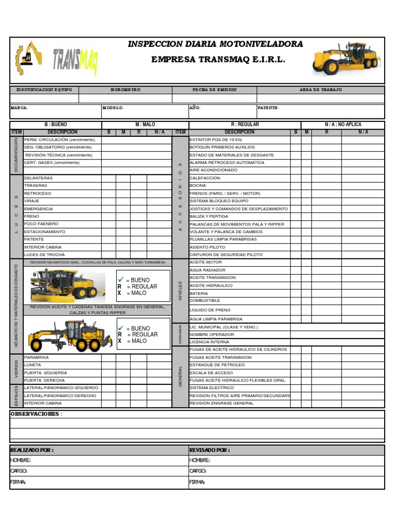 Check List Motoniveladora Pdf Veh Culos Con Tracci N Traseracheck List ...