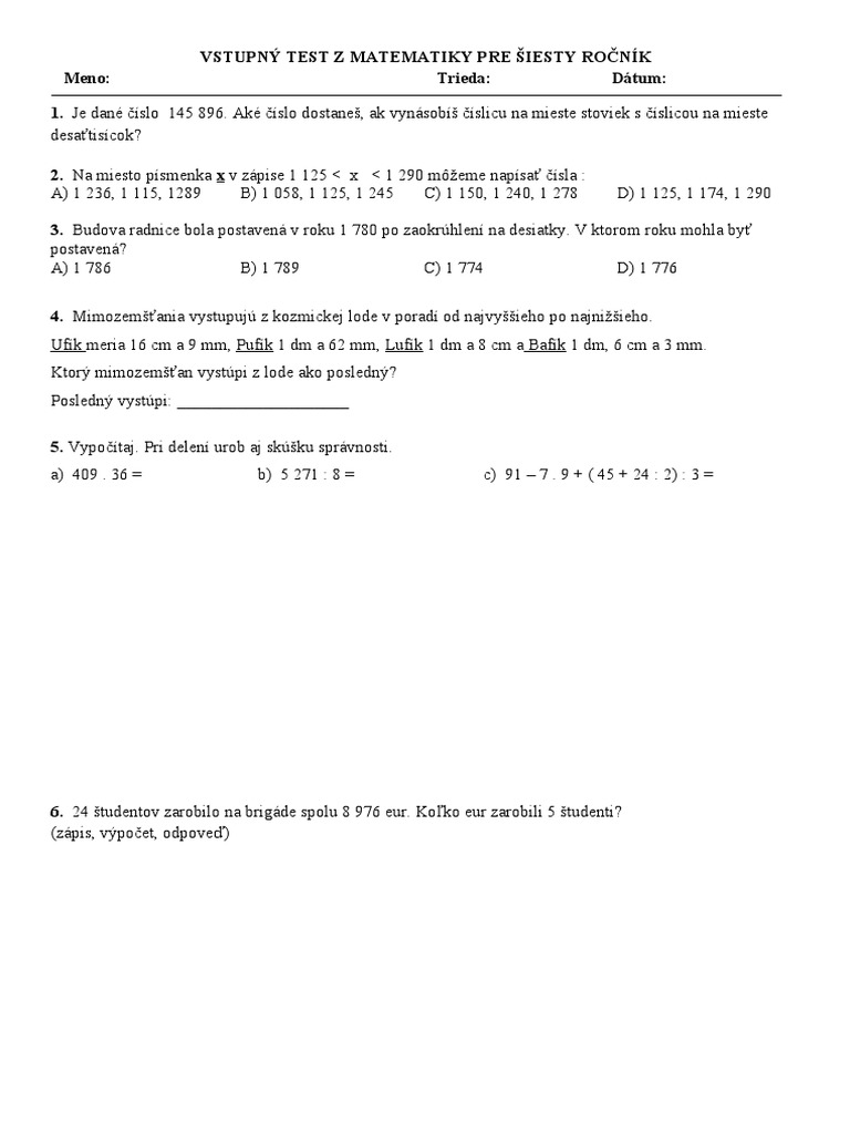 Vstupný test z matematiky PDF