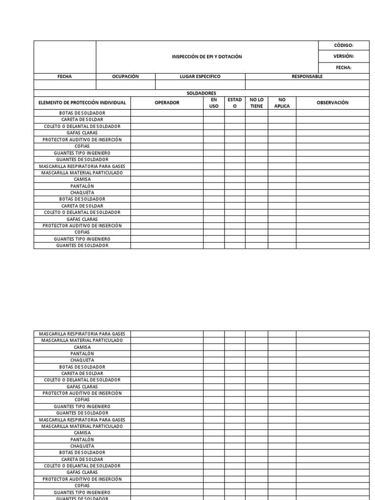 Inspeccion de epi y dotacion descargar gratis pdf soldadura