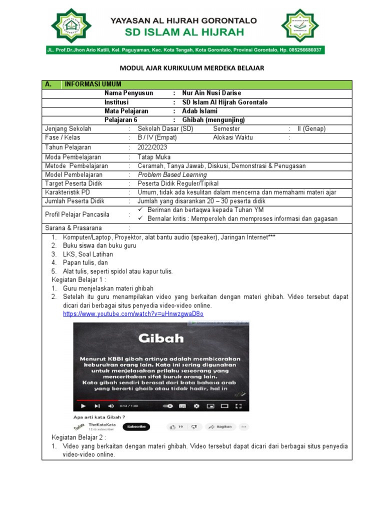 Modul Ajar Ghibah Kelas 2 SD | PDF