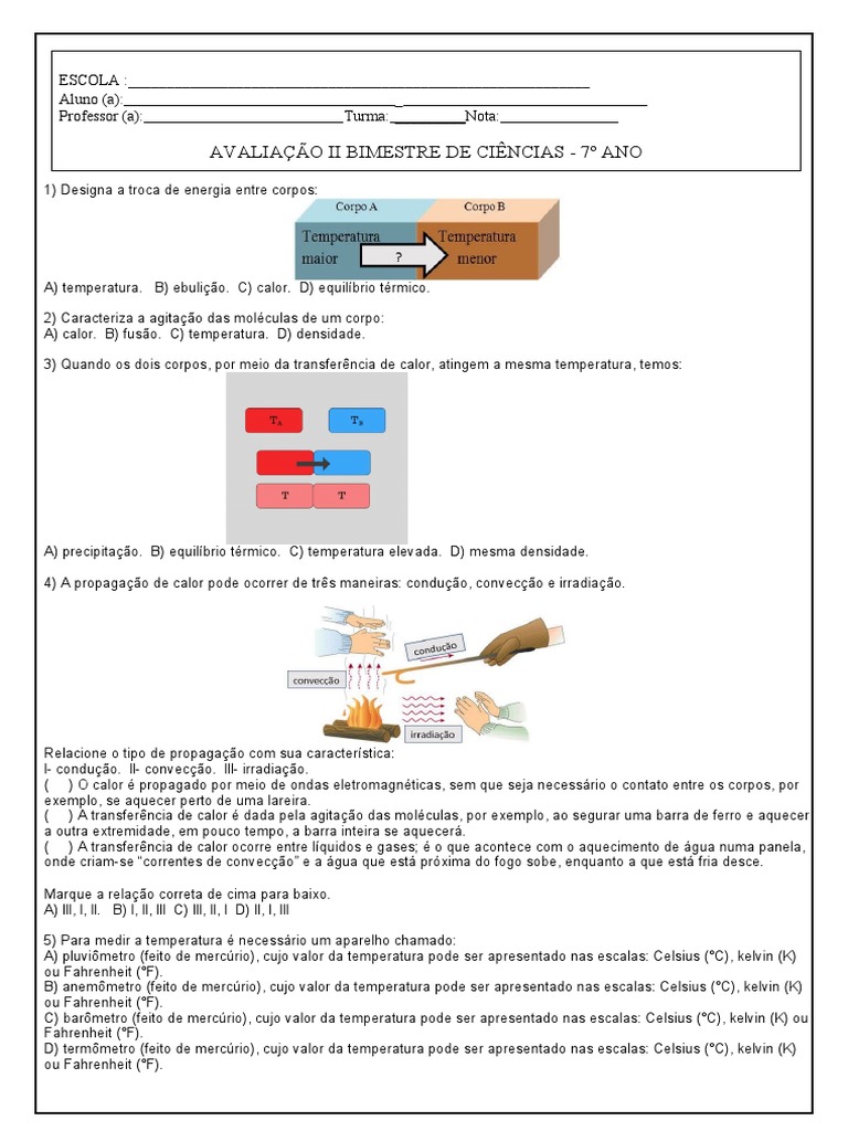 Atividades de Calor e Temperatura 7º Ano | PDF | Calor | Temperatura
