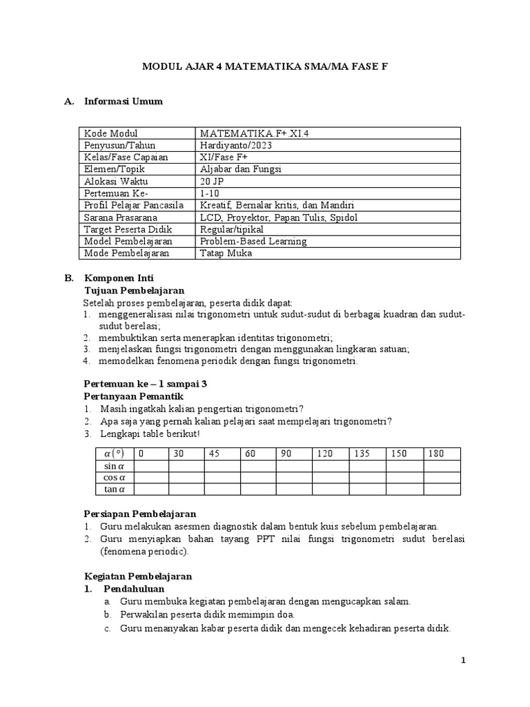 Modul Ajar 4 Matematika Sma Fase F+ | PDF