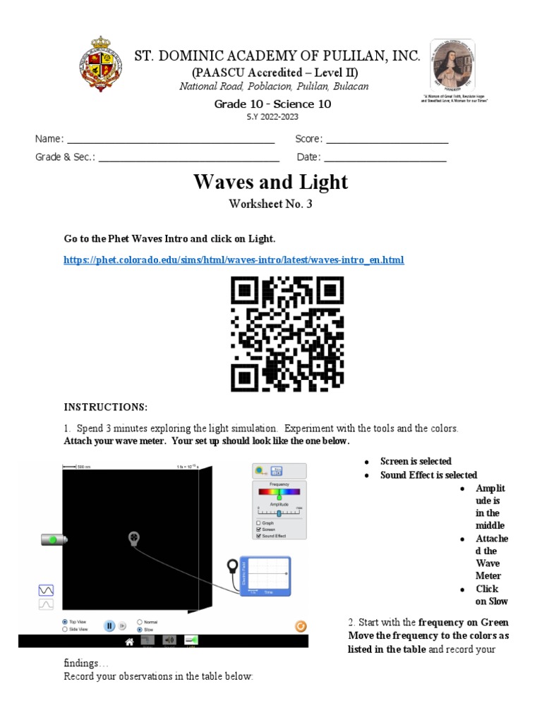 Worksheet No. 1 Phet Waves and Light PDF Color Light