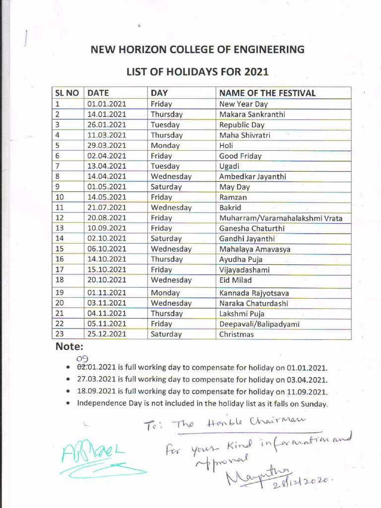 List of Holidays 2021 PDF