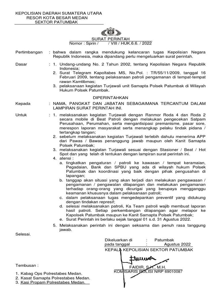 Contoh SPRIN Patroli Sabhara 2022 | PDF