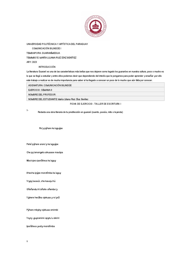 Semana Ii - Ejercicio - Comunicación Bilingüe - Ficha - 363191212 | PDF