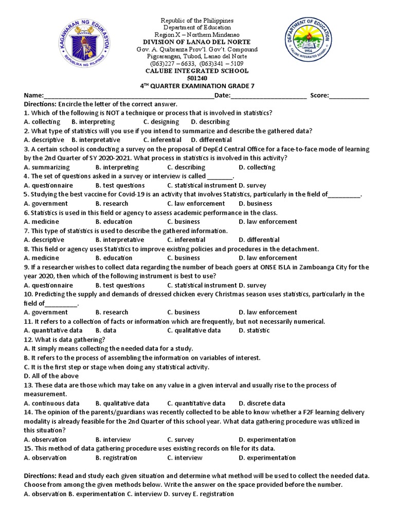 4TH Quarter Examination Grade 7 PDF Statistics Survey Methodology