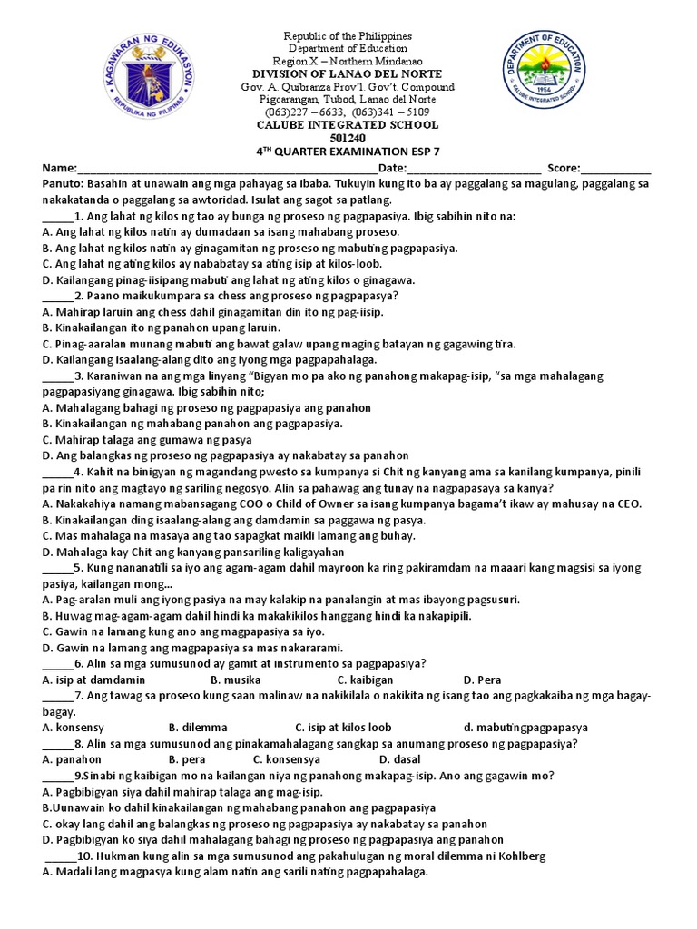 4TH QUARTER EXAMINATION ESP 7 PDF