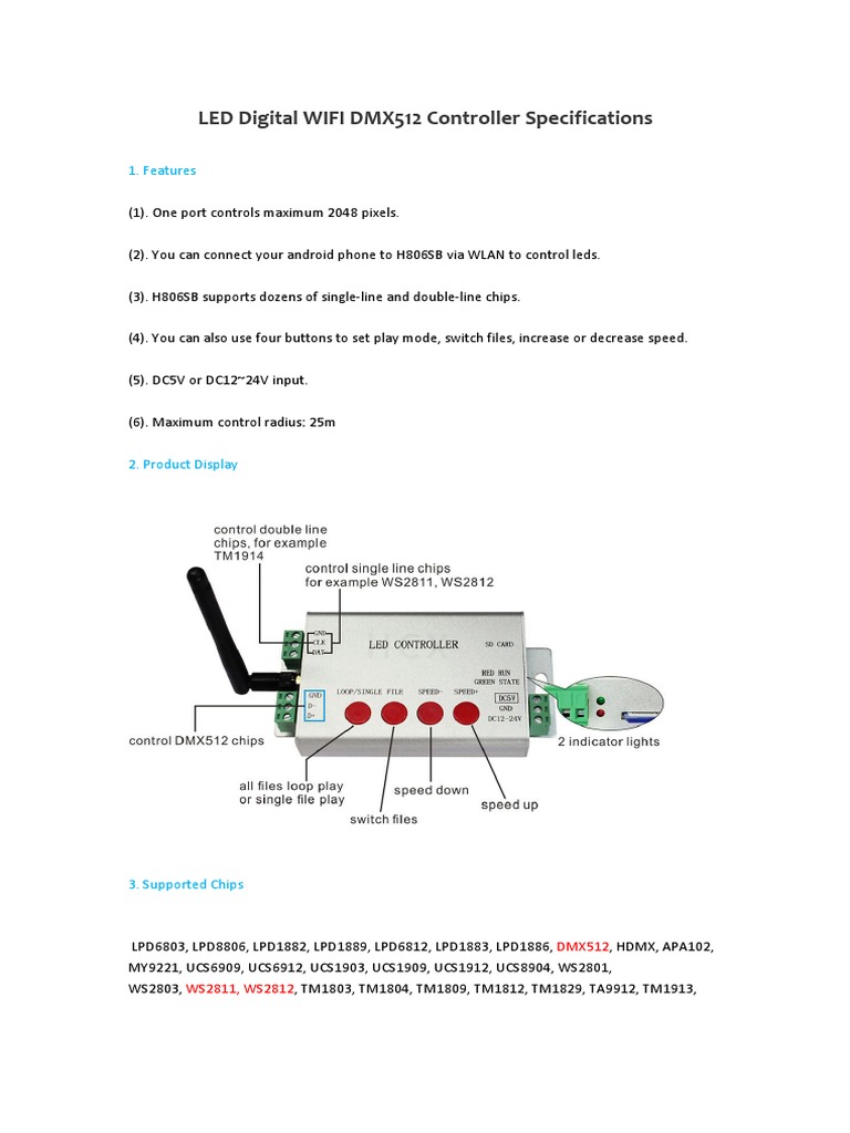 LED WIFI DMX512 Controller Specs | PDF | Video | Wi Fi