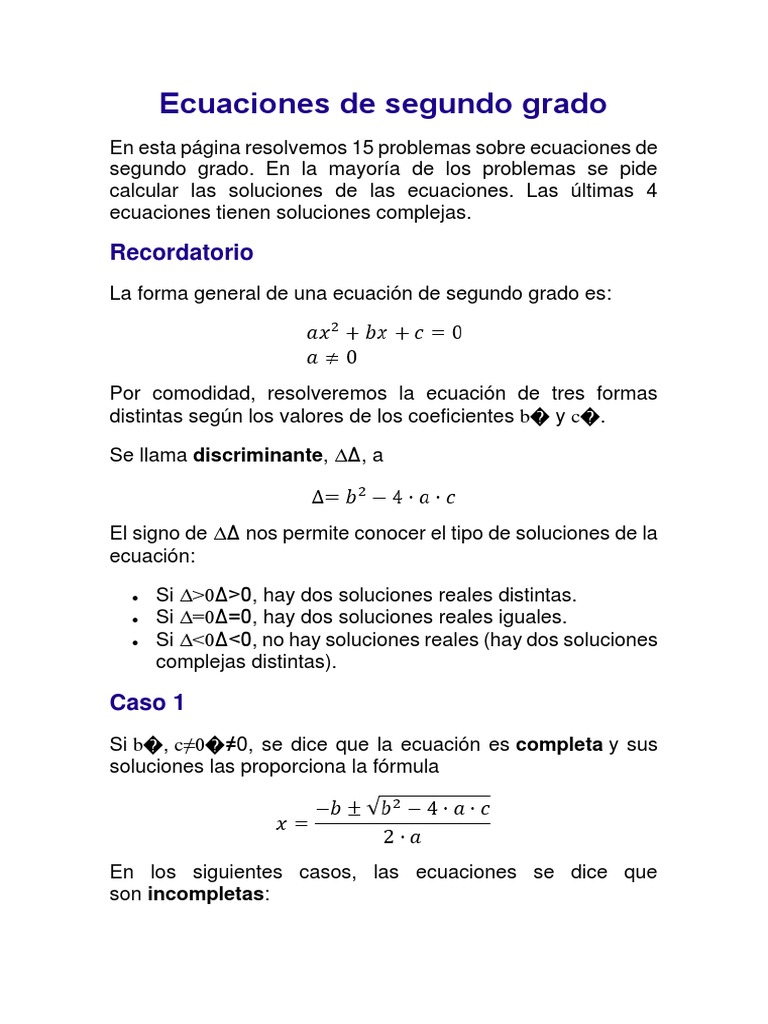 Ecuaciones de Segundo Grado PDF Ecuación cuadrática Ecuaciones