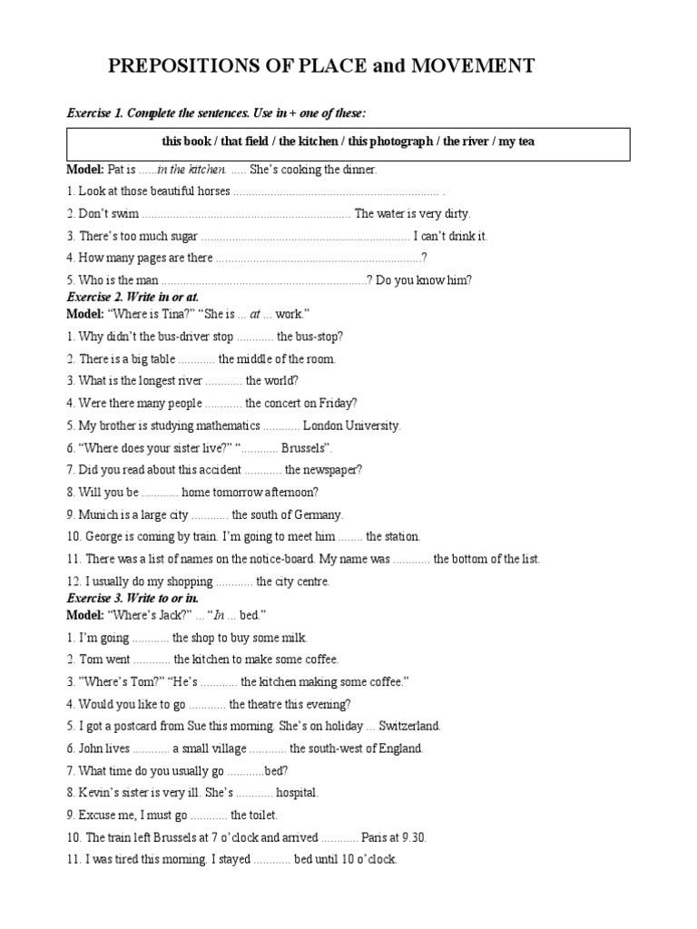 Prepositions of Place and Movement Worksheet | PDF | Workweek And Weekend