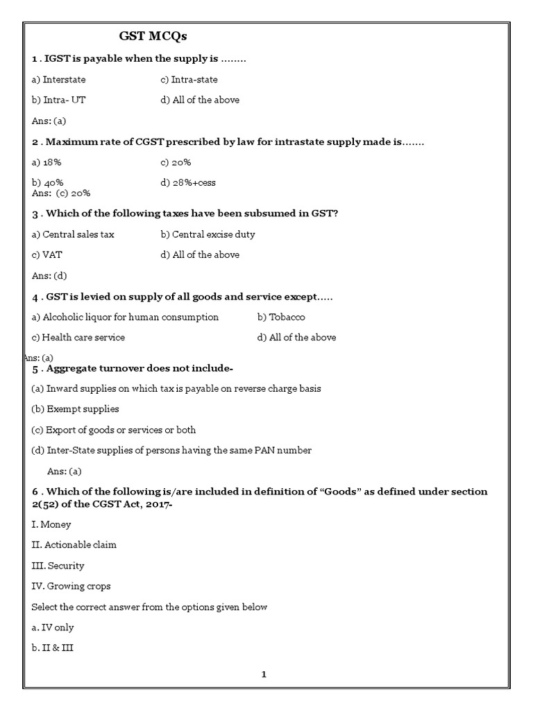Gst Mcq Pdf Value Added Tax Taxes