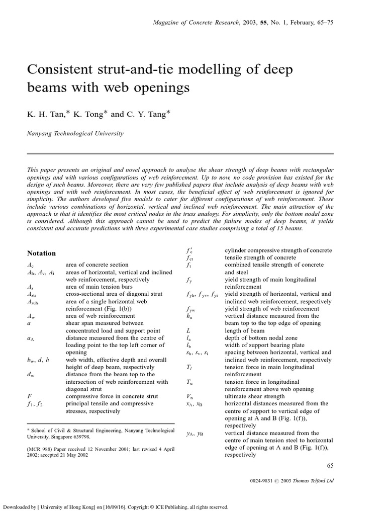 Consistent Strut-And-Tie Modelling of Deep Beams With Web Openings-Tan ...