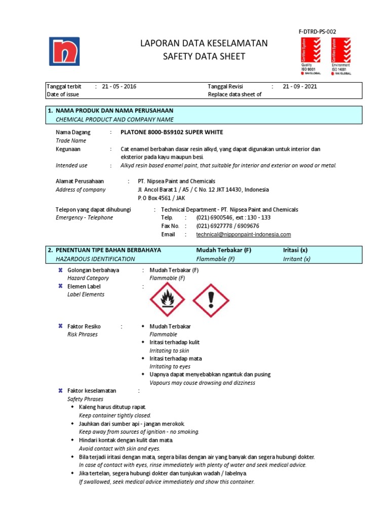 MSDS Cat Platone 8000 Nippon Paint | PDF