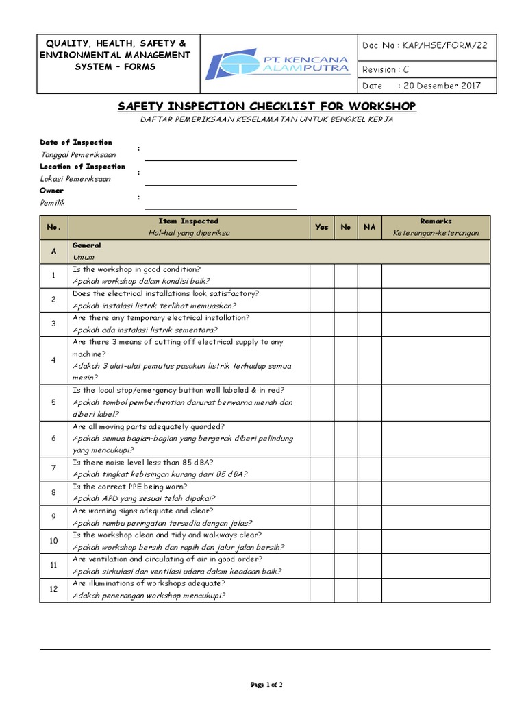 Checklist Inspeksi Keselamatan Bengkel | PDF