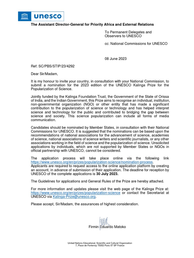 4292 Eng Adg Pax Call Pd For Nominations Unesco Kalinga Prize 2023