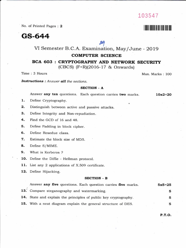 BCA Exam: Cryptography & Network Security | PDF | Cryptography | Privacy