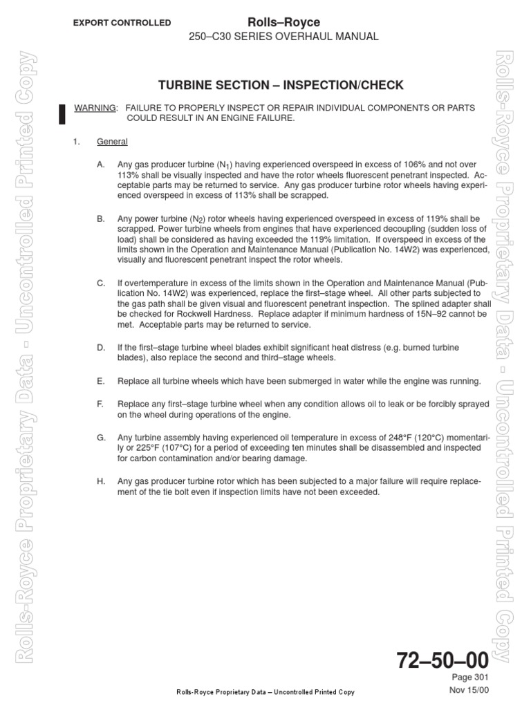 Rolls Royce 250 c30 Series Overhaul Manual Turbine Section Inspection