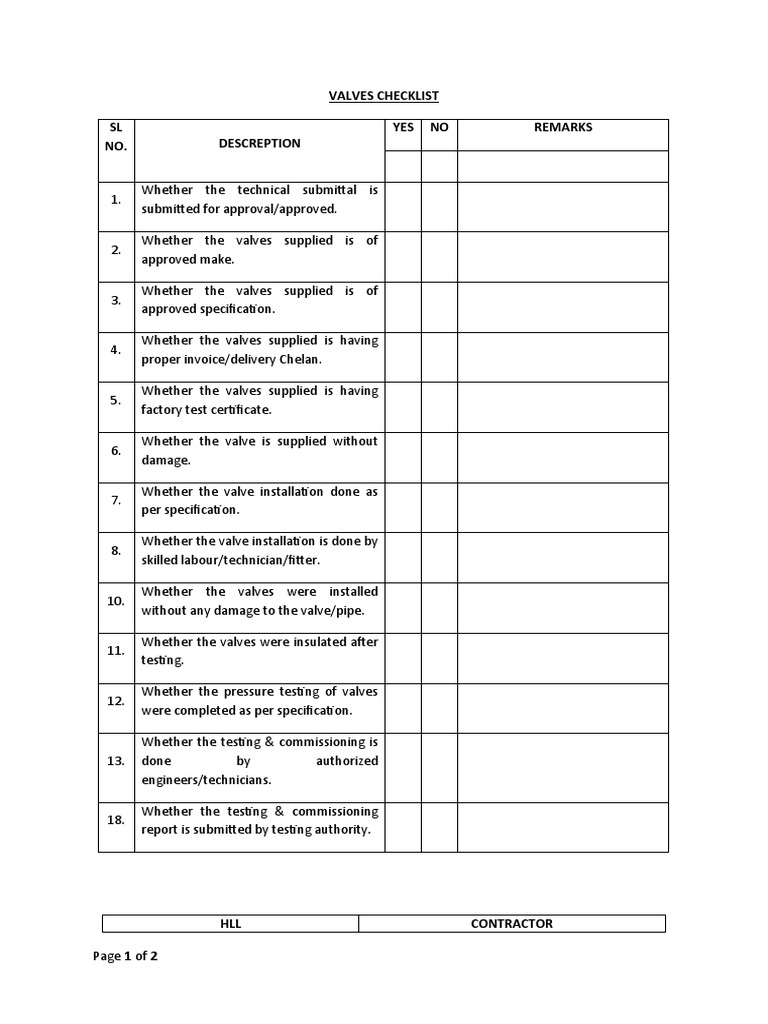 Valves Checklist PDF
