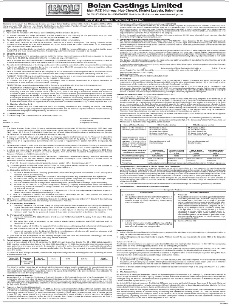 Agm Notice Sample | PDF | Board Of Directors | Dividend